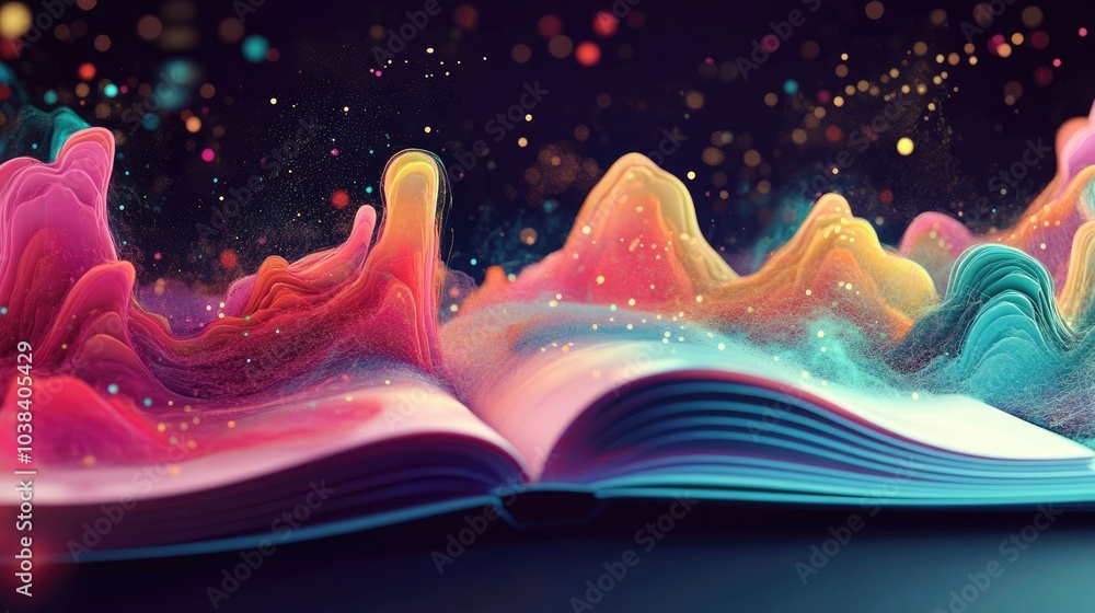 Poster an open digital book showcasing advanced learning technology and captivating graphics, designed to i