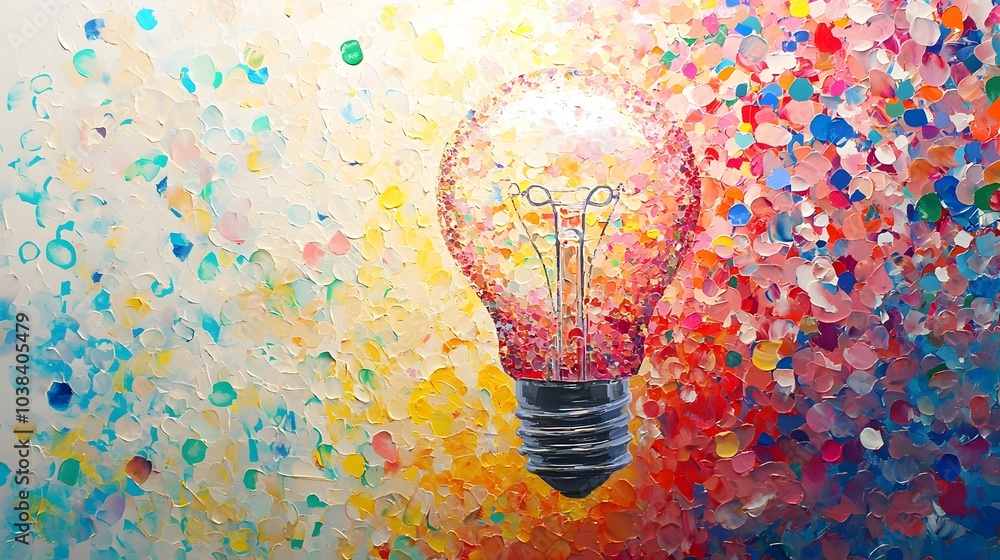 Poster colorful floating particles surrounding illuminated light bulb symbolizing creativity and