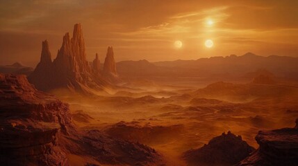 Naklejka premium A barren planet with a rust-colored desert landscape sun in the sky casting long shadows, and rugged, jagged mountain ranges in the distance