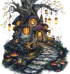 Enchanted treehouse with vibrant flowers and hanging lights
