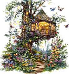 Fairy tale treehouse with glowing lights and stone walkway

