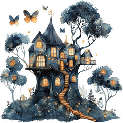 Fantasy treehouse with butterflies and glowing windows
