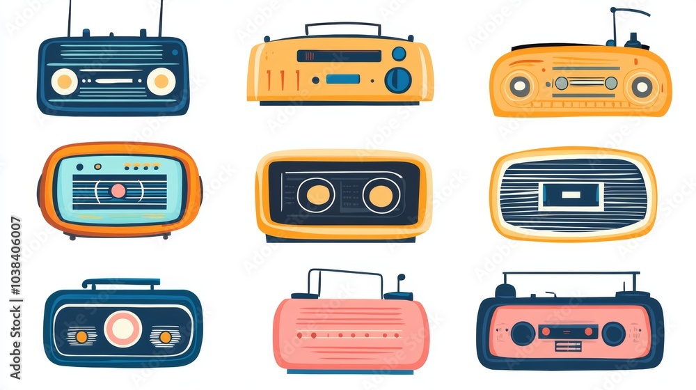 Wall mural vintage radio collection retro audio devices colorful illustration