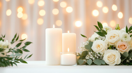 A table with three white candles and a bouquet of white flowers