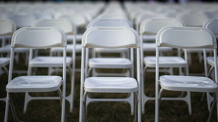 Naklejka premium Rows of white folding chairs outdoors on grass at large gathering event