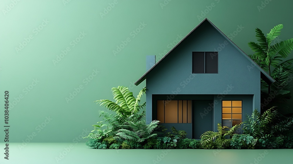 Poster elegant layout showcasing large green paper house icon centered on a light green gradient background