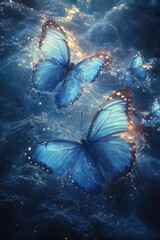 Surreal Seascape: Sparkling Waves and Dancing Butterflies in Light Blue Fantasy