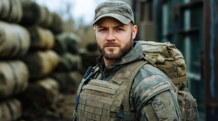 Fototapeta premium Confident soldier in camouflage with backpack outdoors