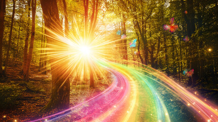 Magical forest with glowing sunlight, rainbow bridges, and enchanting butterflies