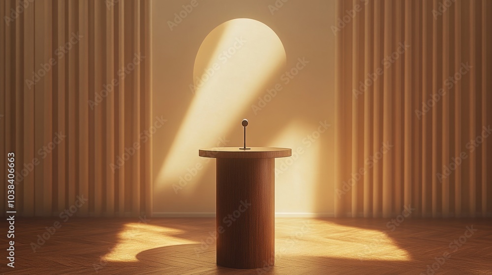 Poster the set includes an empty wooden standing table with an empty podium with microphone isolated on the
