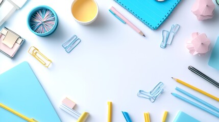 Flat Lay Minimalist Office Desk with Blue and Yellow Stationery