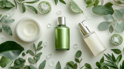Natural Beauty Products with Green Leaves   Skincare Routine  Spa Products  Organic Cosmet