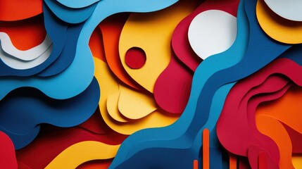 Bold, layered paper cut shapes in a pop art palette, creating a playful and energetic background, evoking a sense of movement