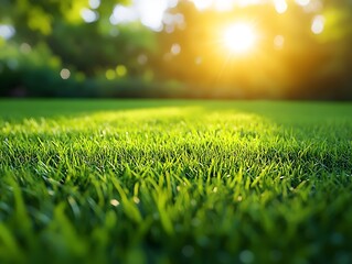 Naklejka premium Lush green grass glistens in the sunlight, creating a serene and vibrant atmosphere, perfect for outdoor activities and relaxation.