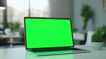 A laptop with a green screen is on a white table in a bright, modern office setting.