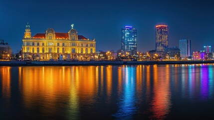 Night Glow of City Skyline Reflected in Water