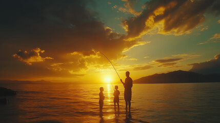 Fototapeta premium Family fishing at sunset: tranquil moments by the water's edge