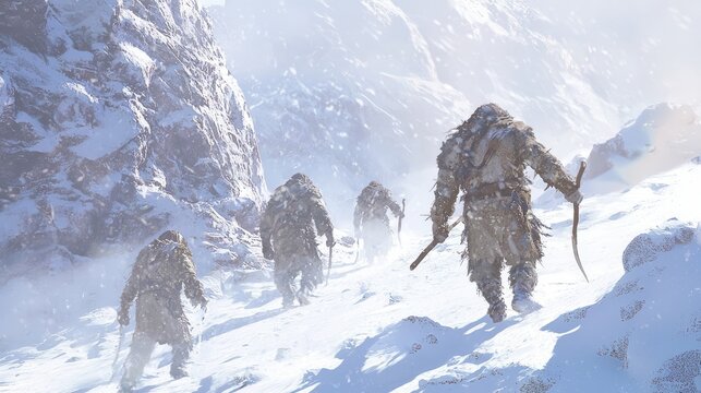 Prehistoric Humans Hunting in Ice Age Environment Displaying Survival Skills | Ultra-Detailed Image of Ancient Prehistoric People in Snowy Landscape with Hunting Tools and Techniques