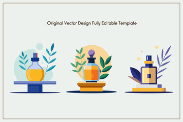 3d Vector bottle for perfume and fragrance on a table with a plant on the white background, Cosmetic product bottle Set of 3d vector isolated illustrations creative and modern design.