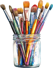 Jar of assorted paintbrushes for painting
