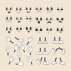 Retro cartoon and comics characters faces, hands in gloves, feet in shoes. Traditional emotions vector elements. Vintage characters creator for trending illustration.