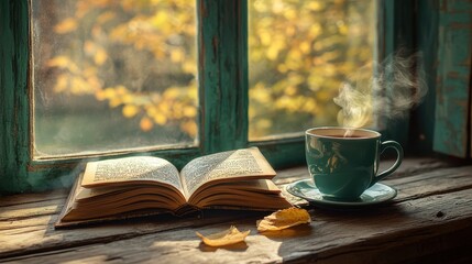 Tranquil morning scene with an open book and a steaming cup on a wooden table, inviting reflection