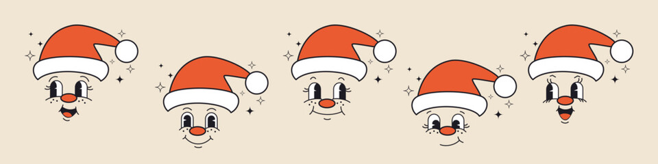 Vector illustration of Santa Claus. Retro cartoon and comics characters faces. Traditional emotions vector elements.