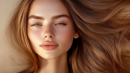Naklejka premium Gorgeous model with sleek long shiny brown hair Keratin treatment care and spa for a sleek style