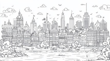 Fototapeta premium Urban Landscape Outline Illustration for Coloring Books