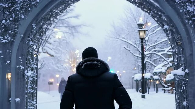 A man is walking down a snowy street with a black coat and a hat