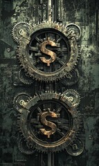 Fototapeta premium Grunge metal gears with dollar signs.