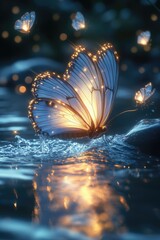Surreal Seascape: Sparkling Waves and Dancing Butterflies in Light Blue Fantasy