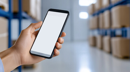 A person is holding a cell phone in a warehouse