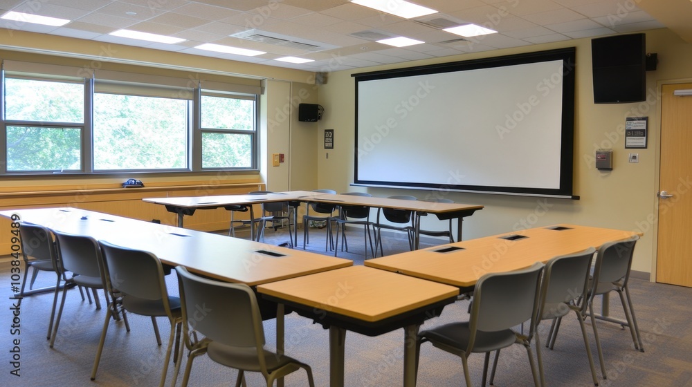 Poster modern classroom setup with tables and chairs