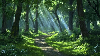 Fototapeta premium Sunlight filtering through a dense forest canopy, creating dappled shadows.