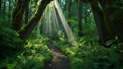 Fototapeta premium Sunlight filtering through a dense forest canopy, creating dappled shadows.