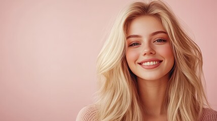 Naklejka premium Smiling young woman with blonde long groomed hair isolated on pastel flat background with copy space. Blonde hair care products banner template, hair salon.