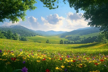 Obraz premium Hills covered with wildflowers With a clear blue sky above. Flowers in shades of yellow, red and purple create a lively and colorful backdrop.