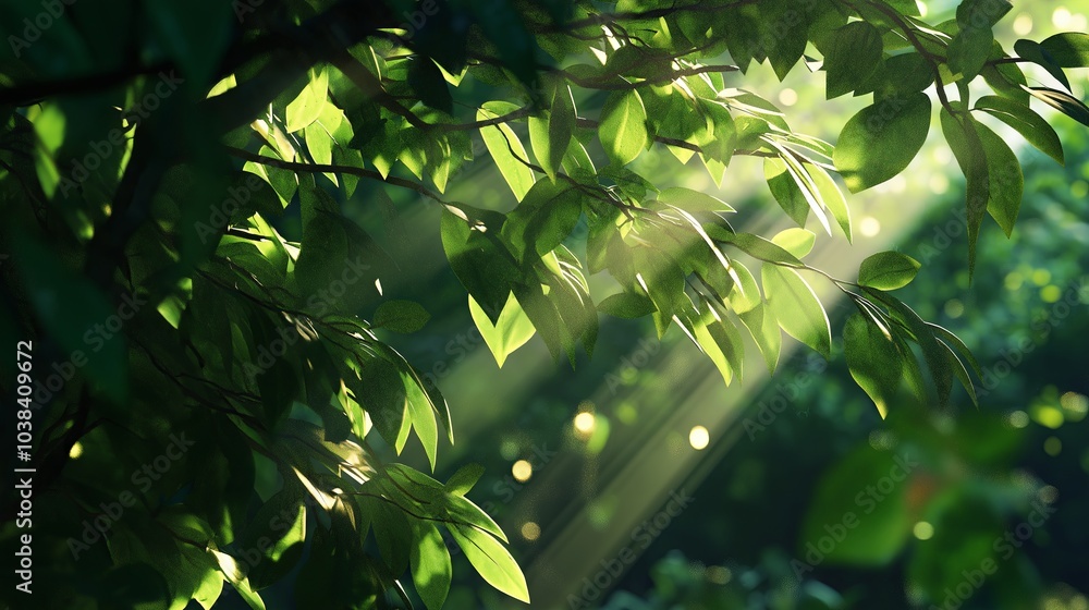 Poster Sunlight filtering through a dense forest canopy, creating dappled shadows.