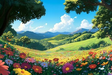 Hills covered with wildflowers With a clear blue sky above. Flowers in shades of yellow, red and purple create a lively and colorful backdrop.