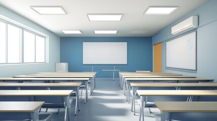 Modern Classroom Interior with Desks and Whiteboard