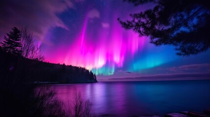 Obraz premium The aurora borealis dancing across the night sky in a symphony of colors.