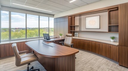 Modern Office with Scenic View and Stylish Furniture