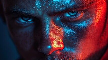 Naklejka premium Close-up portrait of a man with intense blue and red lighting, highlighting facial features and texture.