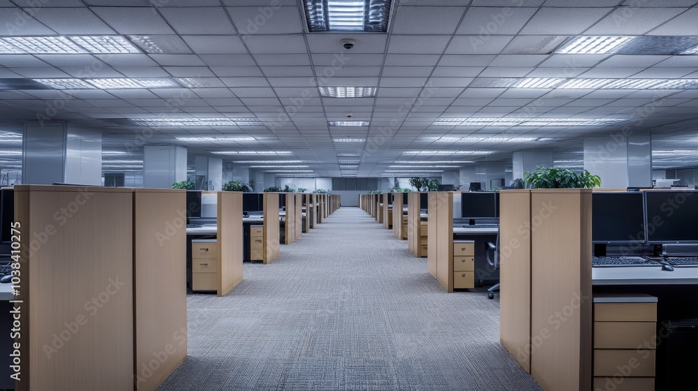 Poster empty office space with desks and computers