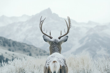 Cute deer in a snowy meadow during a snowfall looking up at the mountains