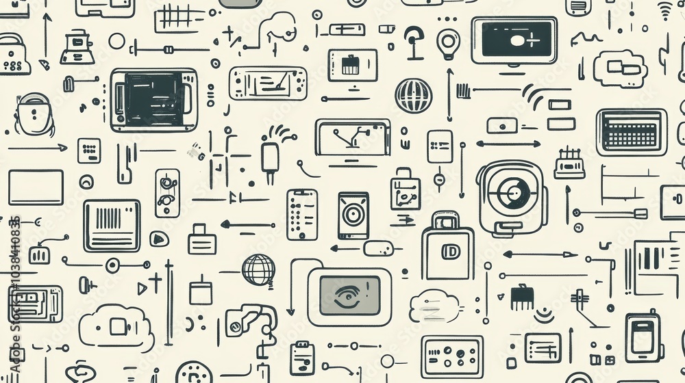 Poster a collection of hand-drawn doodles featuring technology icons like computers, smartphones, coding sy