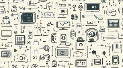 A collection of hand-drawn doodles featuring technology icons like computers, smartphones, coding symbols, and cloud storage elements. Generative AI