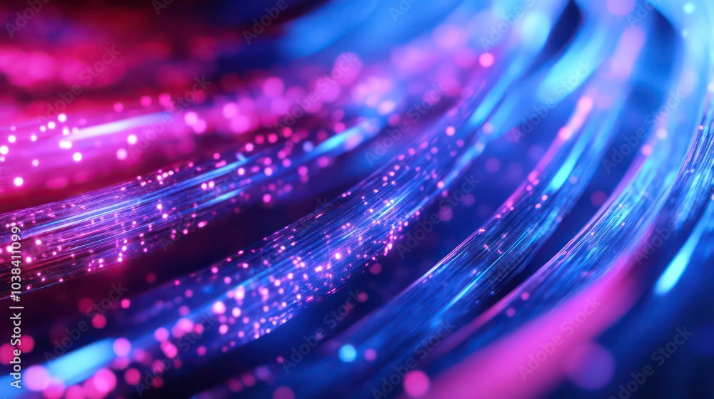 Poster abstract glowing lines in pink and blue colors with bokeh effect on a dark background.