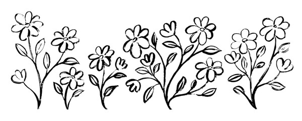 Hand drawn plants, flowers. Black and white, monochrome simple botanical silhouettes.